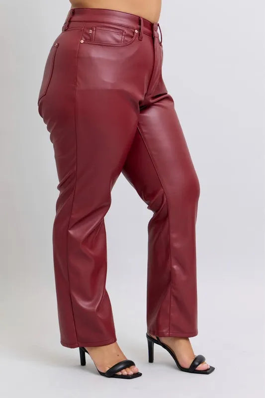 Judy Blue Full Size High Waist Tummy Control Faux Leather Straight Pants Plus Size - Sleekdenim.com
