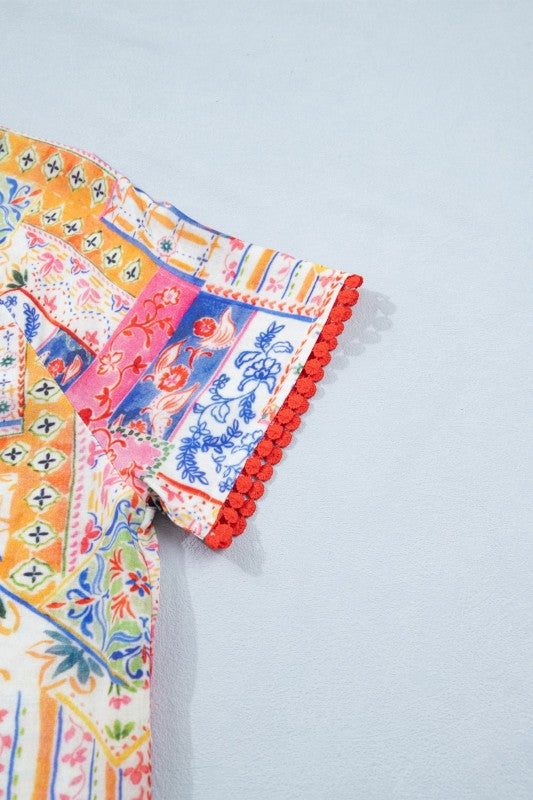 Boho Patchwork Tied V-Neck Short Sleeve Blouse - 4