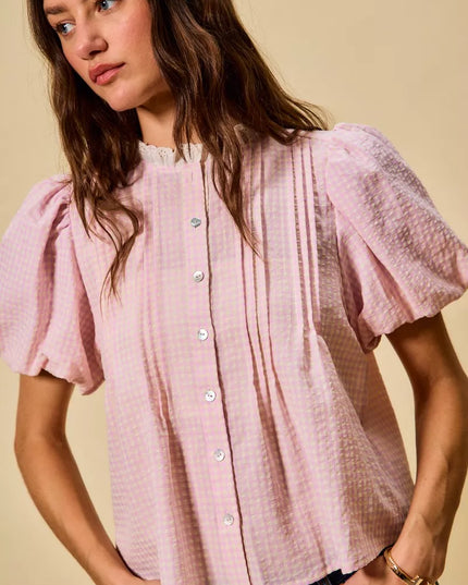 SO ME Gingham Lace Trim Button Bubble Sleeves Blouse - Sleekdenim.com