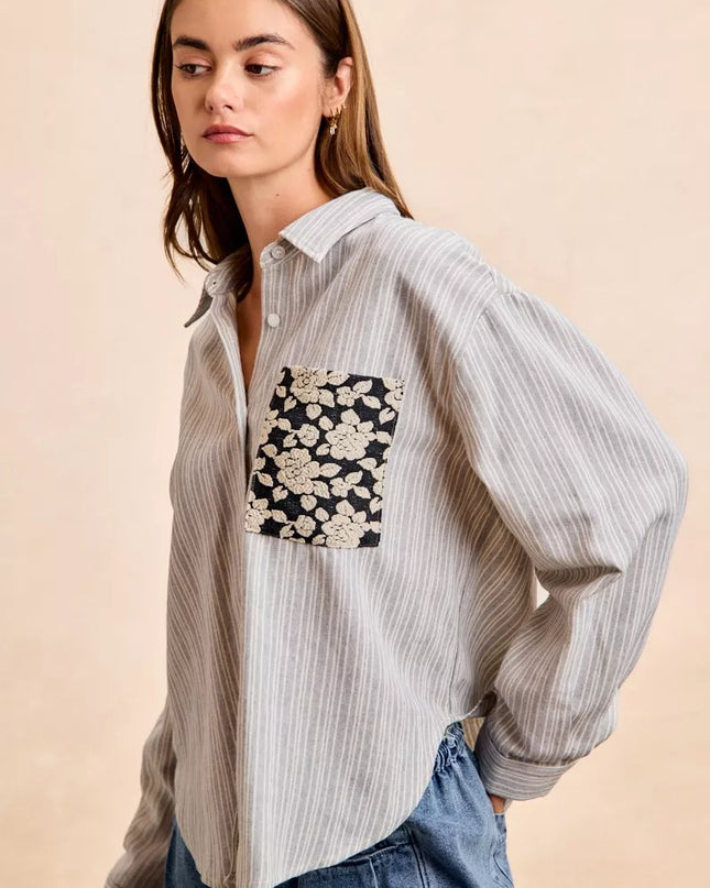 BiBi Flower Jacquard Knit Patch Pocket Stripe Shirt - Sleekdenim.com