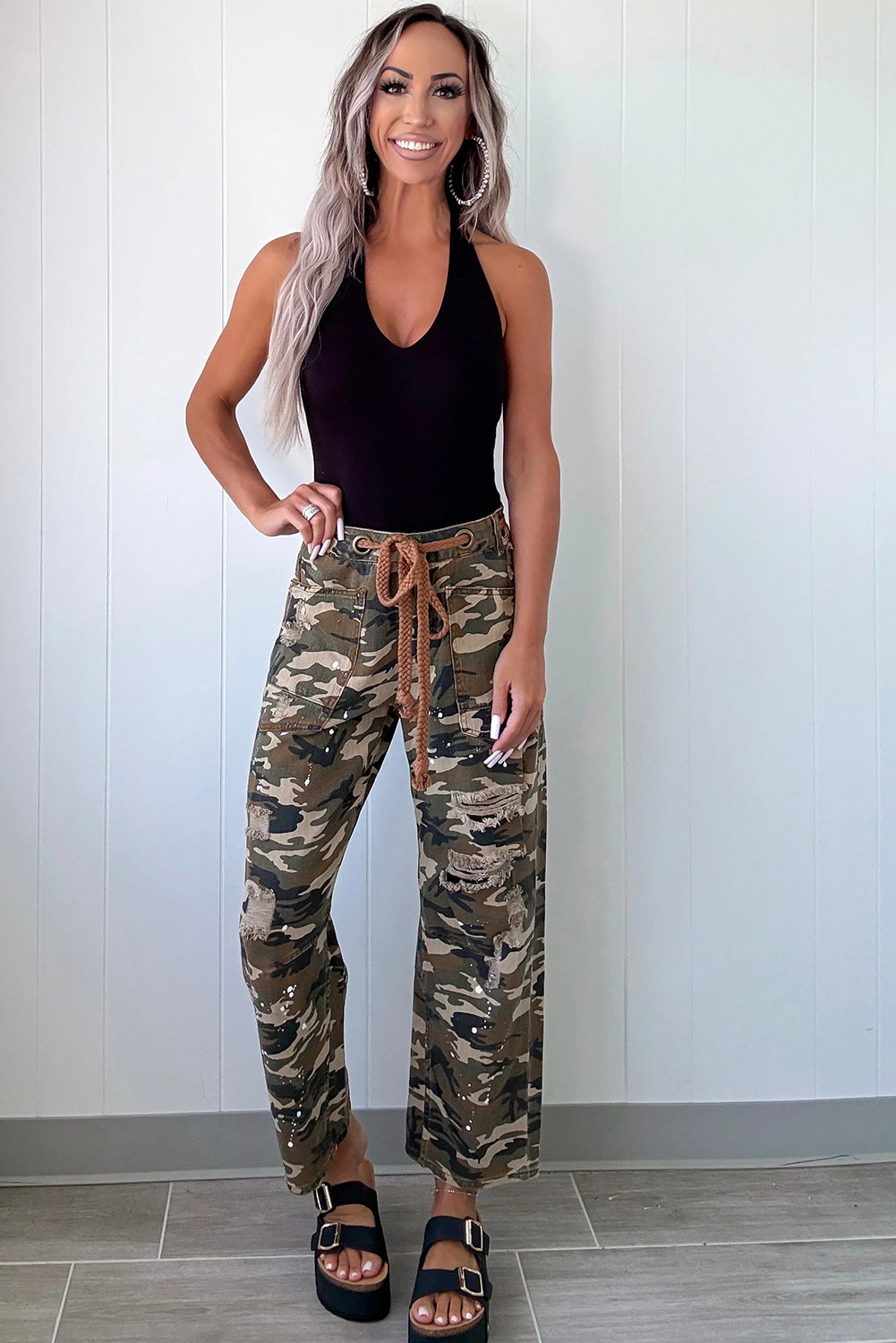 Green Camouflage Print Splashed Distressed Loose Denim Pants - Sleekdenim.com