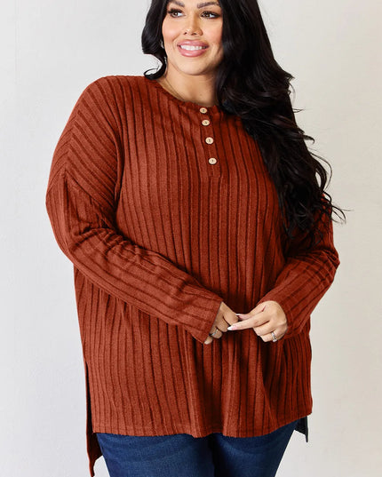 Basic Bae Full Size Ribbed Half Button Long Sleeve High-Low T-Shirt - Sleekdenim.com