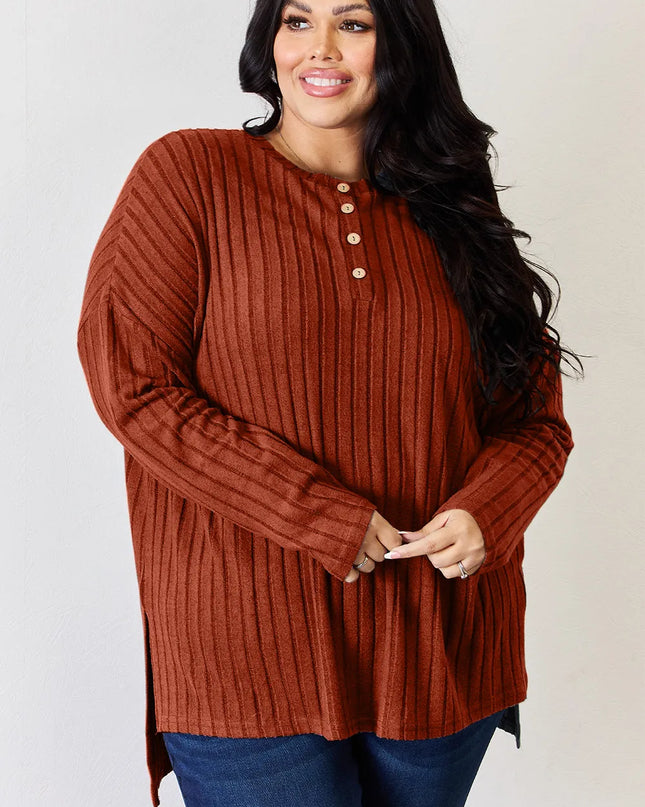 Basic Bae Full Size Ribbed Half Button Long Sleeve High-Low T-Shirt - Sleekdenim.com