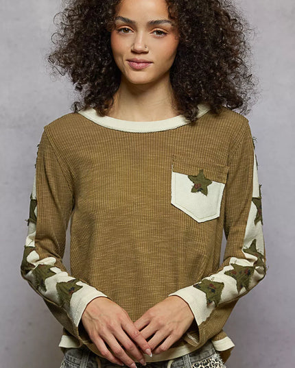 POL Round Neck Long Sleever T-Shirt with Star Patch - Sleekdenim.com