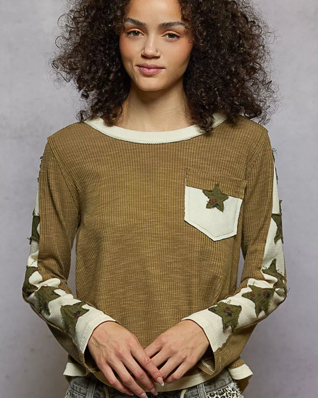 POL Round Neck Long Sleever T-Shirt with Star Patch - Sleekdenim.com