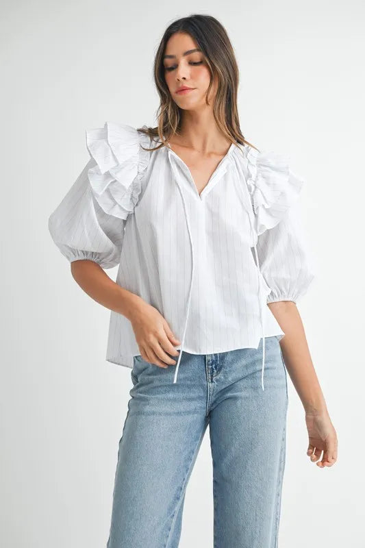 MABLE Stripe Ruffle Shoulder Puff Sleeve Blouse - Sleekdenim.com
