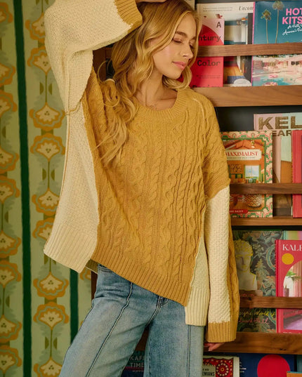 BiBi Cable Knit With Hacci Combo Sweater With Uneven Hem Detail - Sleekdenim.com