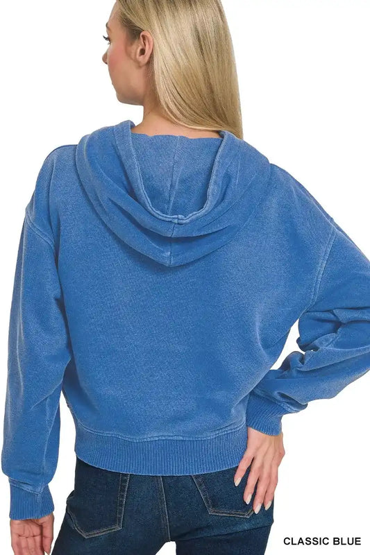Zenana Fleece Pigment Dye Half Zip Kangaroo Pocket Hoodie