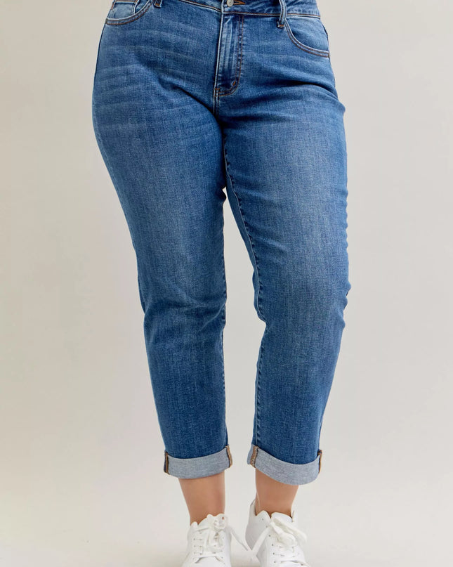 Judy Blue Full Size Mid Rise BF Classic Cuffed Jeans Plus Size - Sleekdenim.com