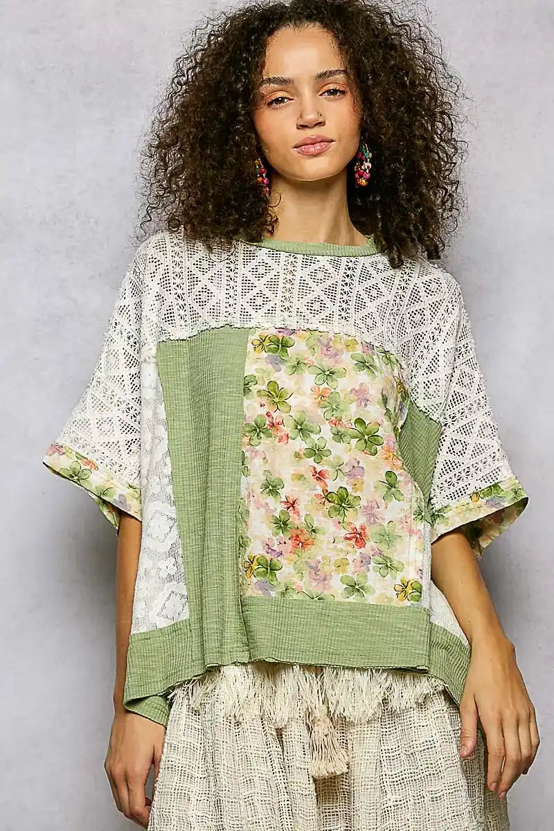 POL Floral Patchwork Lace Accent Blouse - Sleekdenim.com