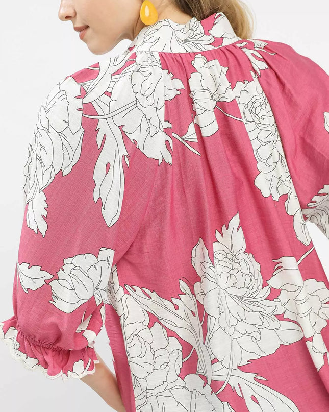 Umgee Peony Illustration Print Flounce Sleeve Blouse - Sleekdenim.com