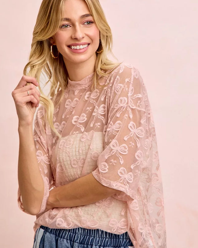 BiBi Bow Pattern Short Sleeves Boxy Mesh Top - Sleekdenim.com