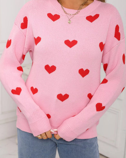 Valentine's Day Heart Pattern Dropped Shoulder Sweater - Sleekdenim.com