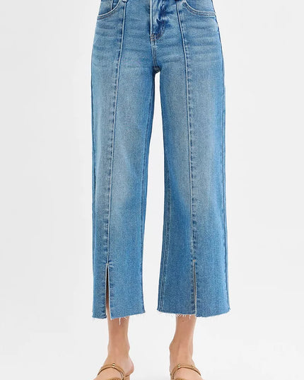 RISEN Tummy Control Mid Rise Crop Wide Front Slit Jeans - Sleekdenim.com