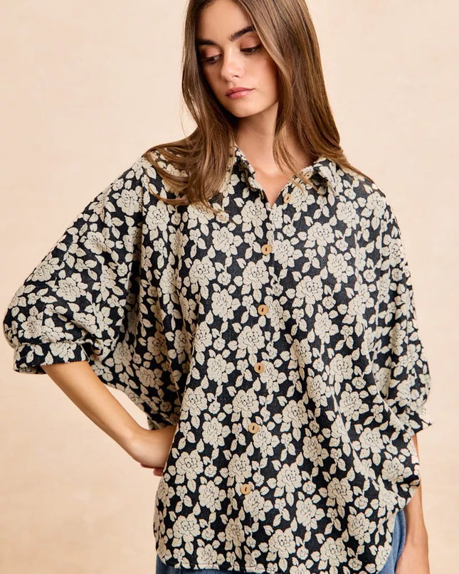 BiBi Floral Jacquard Short Dolman Sleeves Shirt - Sleekdenim.com