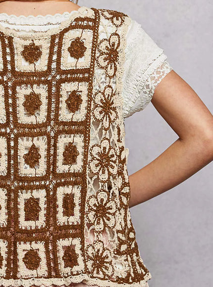 POL Tie Front Floral Pattern Crochet Vest with Scalloped Edge - 6