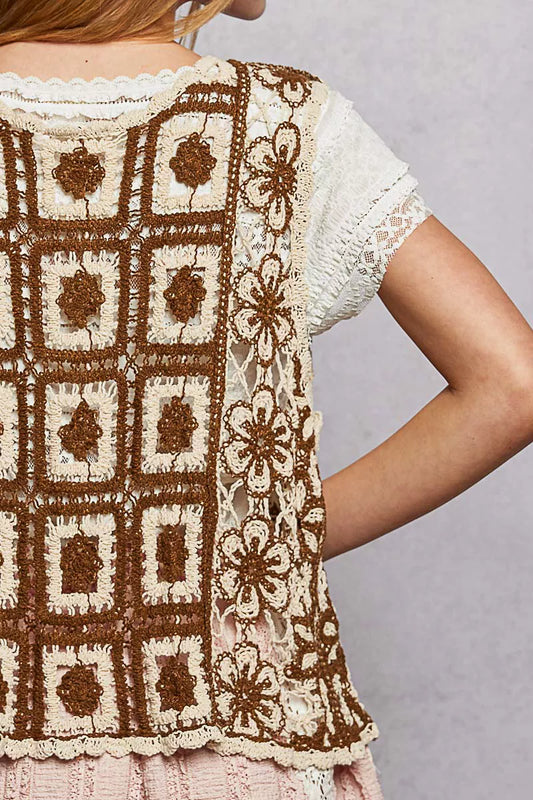 POL Tie Front Floral Pattern Crochet Vest with Scalloped Edge