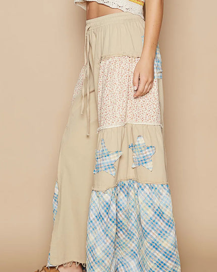 POL Drawstring Star Patch Contrast Wide Leg Pants - Sleekdenim.com