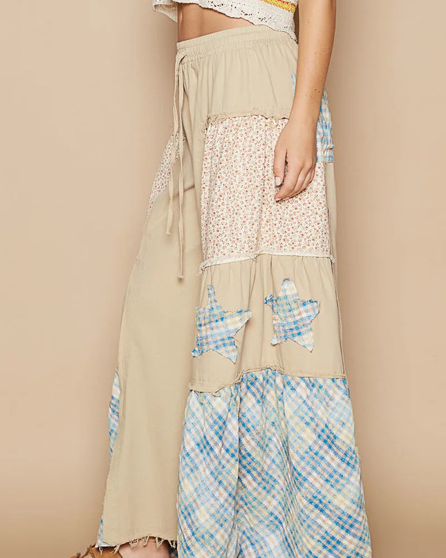 POL Drawstring Star Patch Contrast Wide Leg Pants - Sleekdenim.com