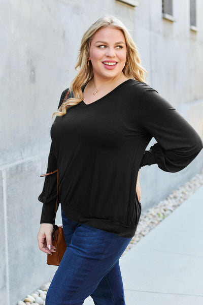 Basic Bae Full Size V-Neck Lantern Sleeve Top Black