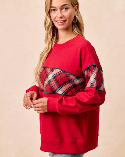 BiBi Christmas Theme Plaid Block Sweatshirt with Binding - Sleekdenim.com