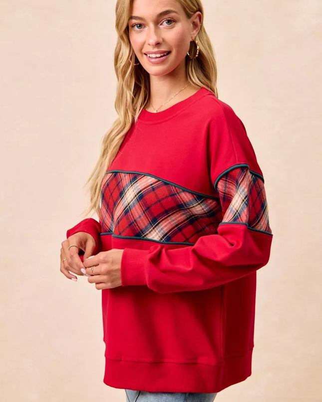 BiBi Christmas Theme Plaid Block Sweatshirt with Binding - Sleekdenim.com