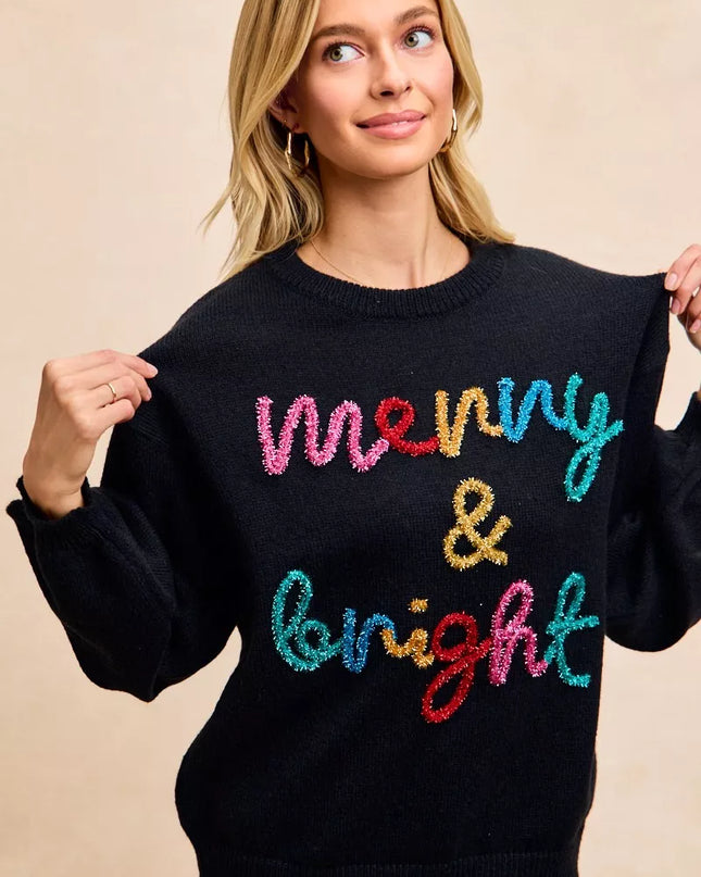 BiBi Tinsel Lettering Christmas Sweater - Sleekdenim.com