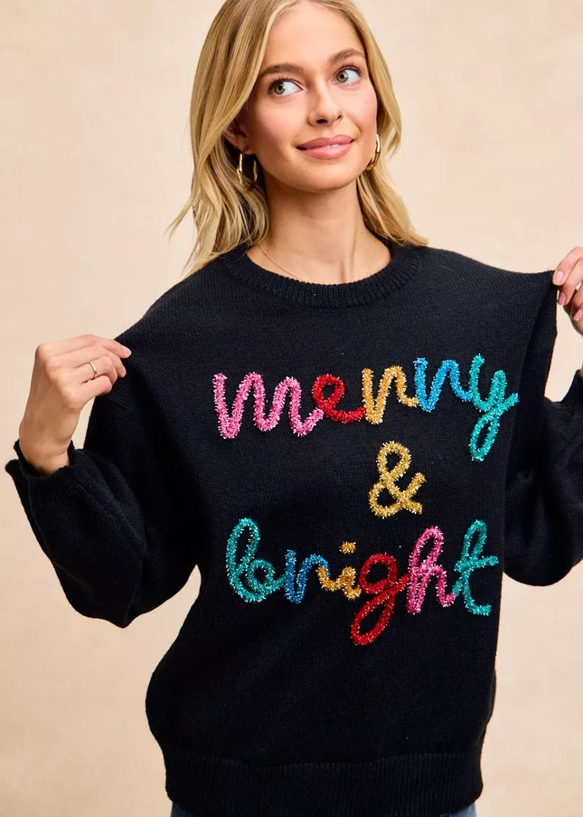 BiBi Tinsel Lettering Christmas Sweater - Sleekdenim.com