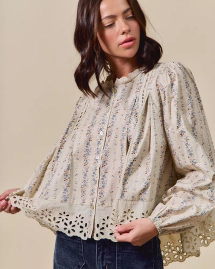 SO ME Floral Print Lace Button Down Shirt - Sleekdenim.com