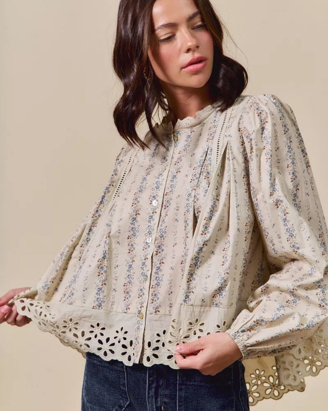 SO ME Floral Print Lace Button Down Shirt - Sleekdenim.com