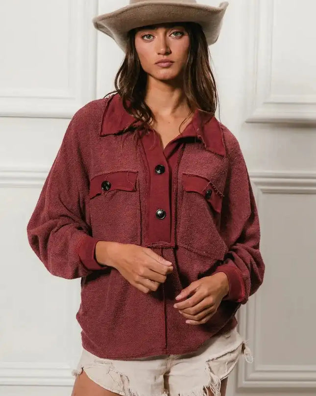 BiBi Cp French Terry Cut Edge Detail Collared Top - Sleekdenim.com