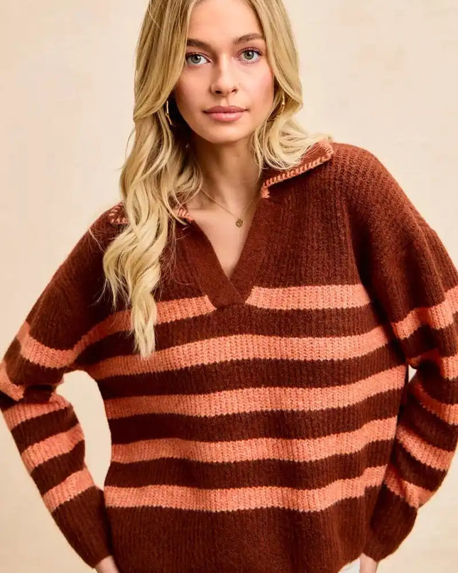 BiBi Striped Sweater Top with Collar Stitched Details - Sleekdenim.com