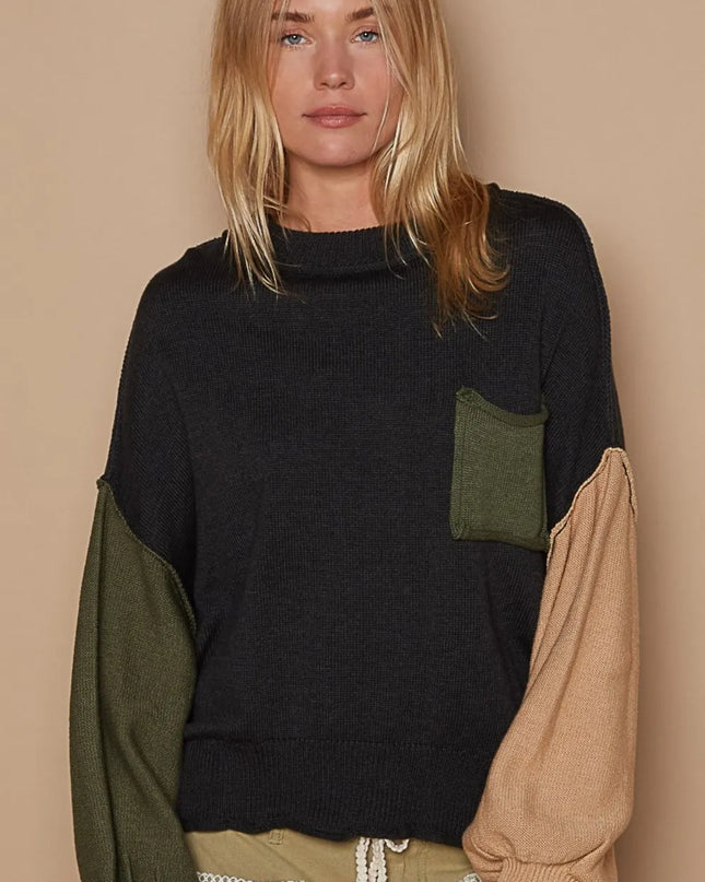 POL Color Block Roll Hem Hacci Sweater - Sleekdenim.com