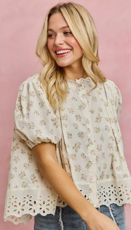 SO ME Floral Print Lace Trim Short Sleeves Blouse - Sleekdenim.com