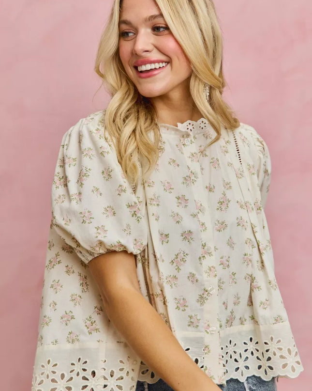 SO ME Floral Print Lace Trim Short Sleeves Blouse - Sleekdenim.com