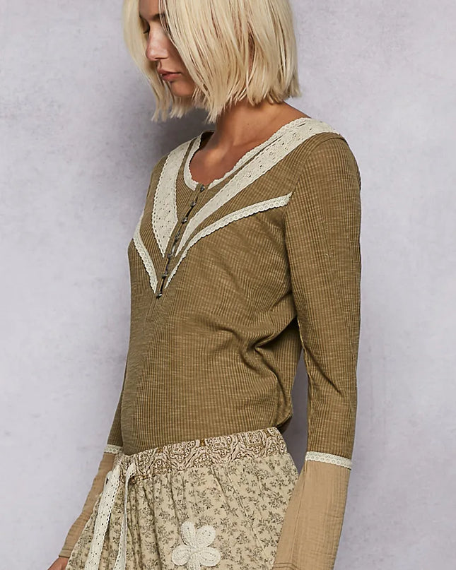 POL Ribbed Half Button Lace Detail Knit Top - Sleekdenim.com