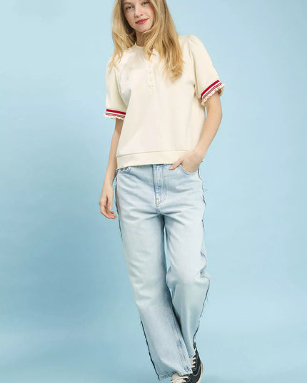 Umgee Puff Sleeve Button Front Top with Contrast Trim - Sleekdenim.com