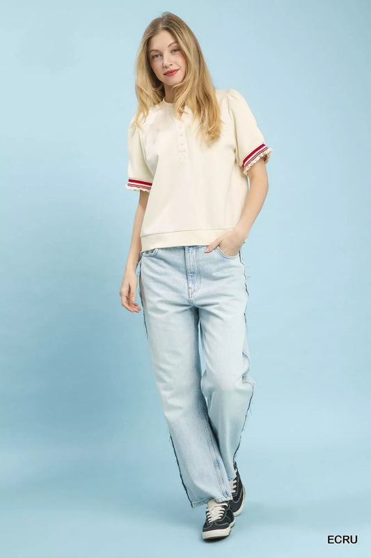 Umgee Puff Sleeve Button Front Top with Contrast Trim - Sleekdenim.com