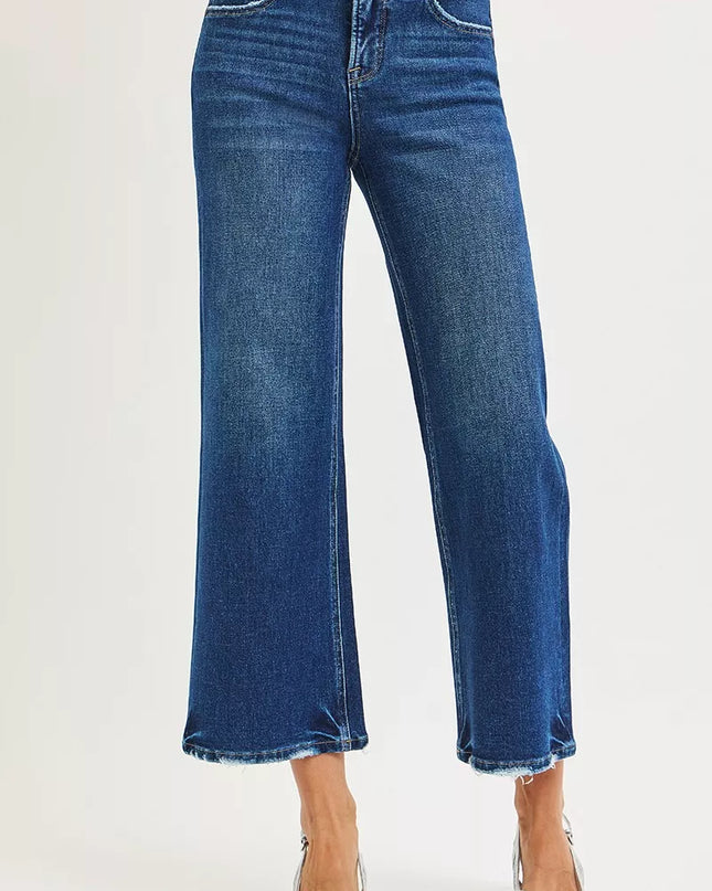 RISEN Tummy Control 4 Way Stretch High Rise Crop Wide Leg Jeans - Sleekdenim.com