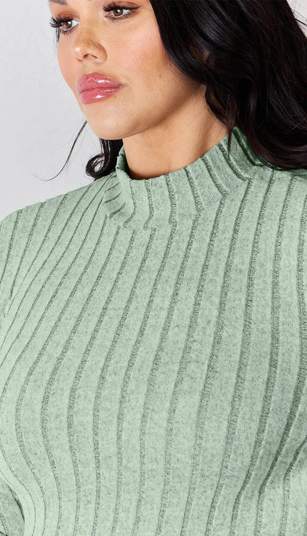 Basic Bae Full Size Ribbed Mock Neck Long Sleeve T-Shirt - Trendsi