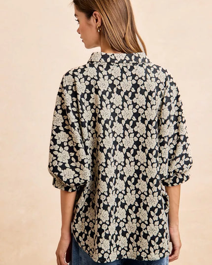 BiBi Floral Jacquard Short Dolman Sleeves Shirt - Sleekdenim.com