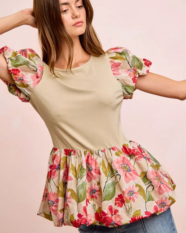 BiBi Floral Printed Bubble Sleeves and Hem Peplum Top - Sleekdenim.com