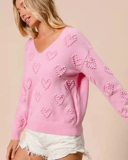 BiBi Valentines Heart Pompom V Neck Knit Top - Sleekdenim.com