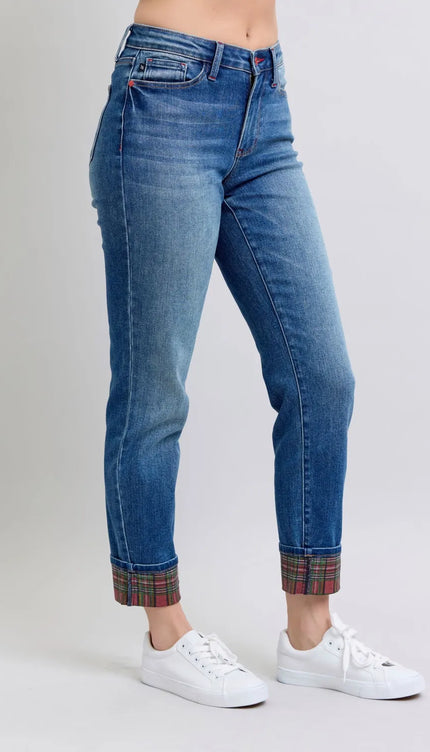 Judy Blue Full Size Plaid Print Cuff Straight Leg Jeans with Pockets - Sleekdenim.com