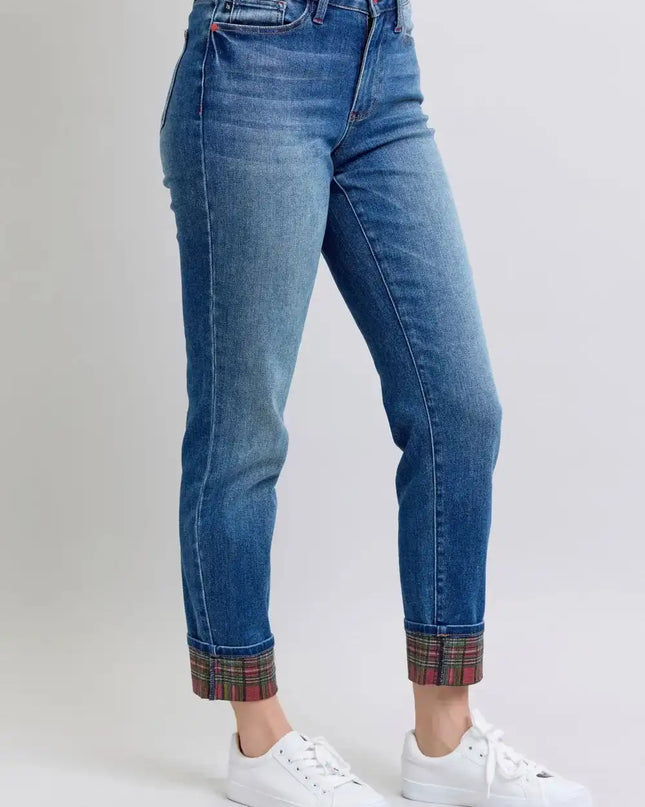 Judy Blue Full Size Plaid Print Cuff Straight Leg Jeans with Pockets - Sleekdenim.com
