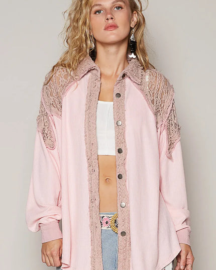 POL Lace Patchwork Button Up Shacket - Sleekdenim.com