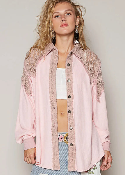 POL Lace Patchwork Button Up Shacket - Sleekdenim.com