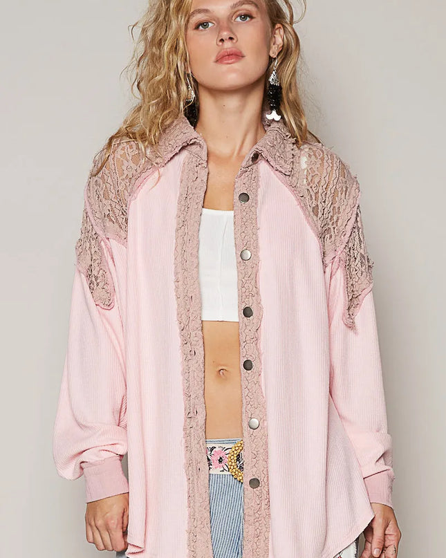 POL Lace Patchwork Button Up Shacket - Sleekdenim.com