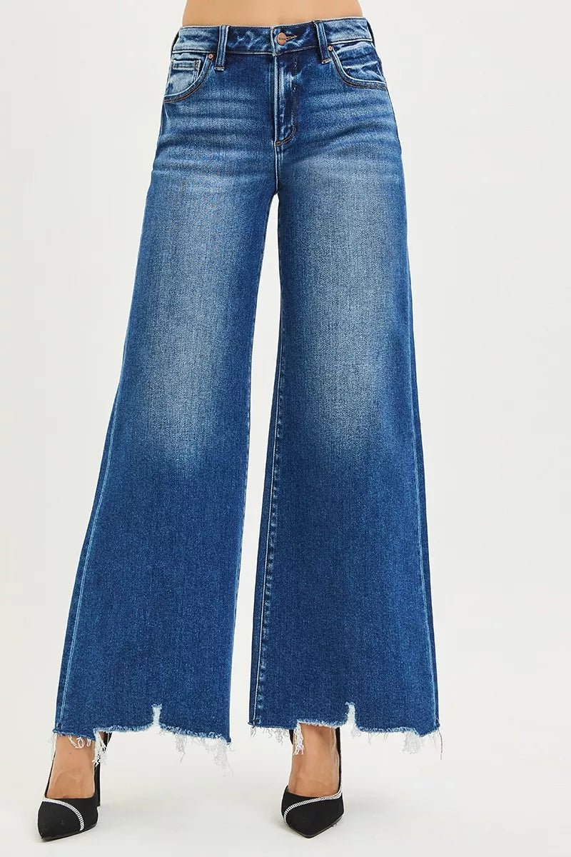 RISEN High Rise Wide Leg Jeans with Distressed Hem - Sleekdenim.com