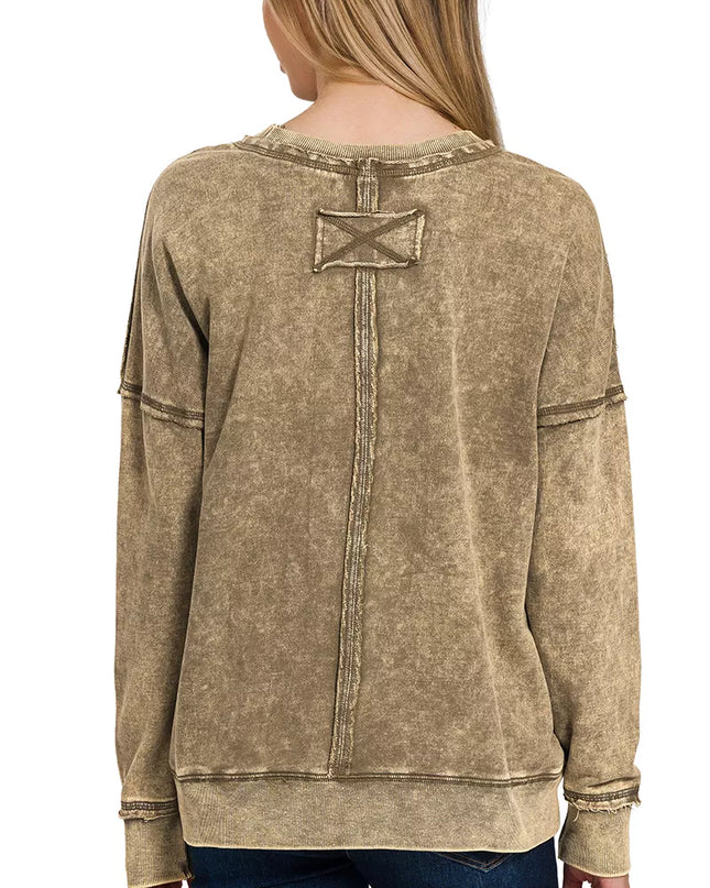 Zenana French Terry Washed Raw Edge Front Pocket Pullover - Sleekdenim.com